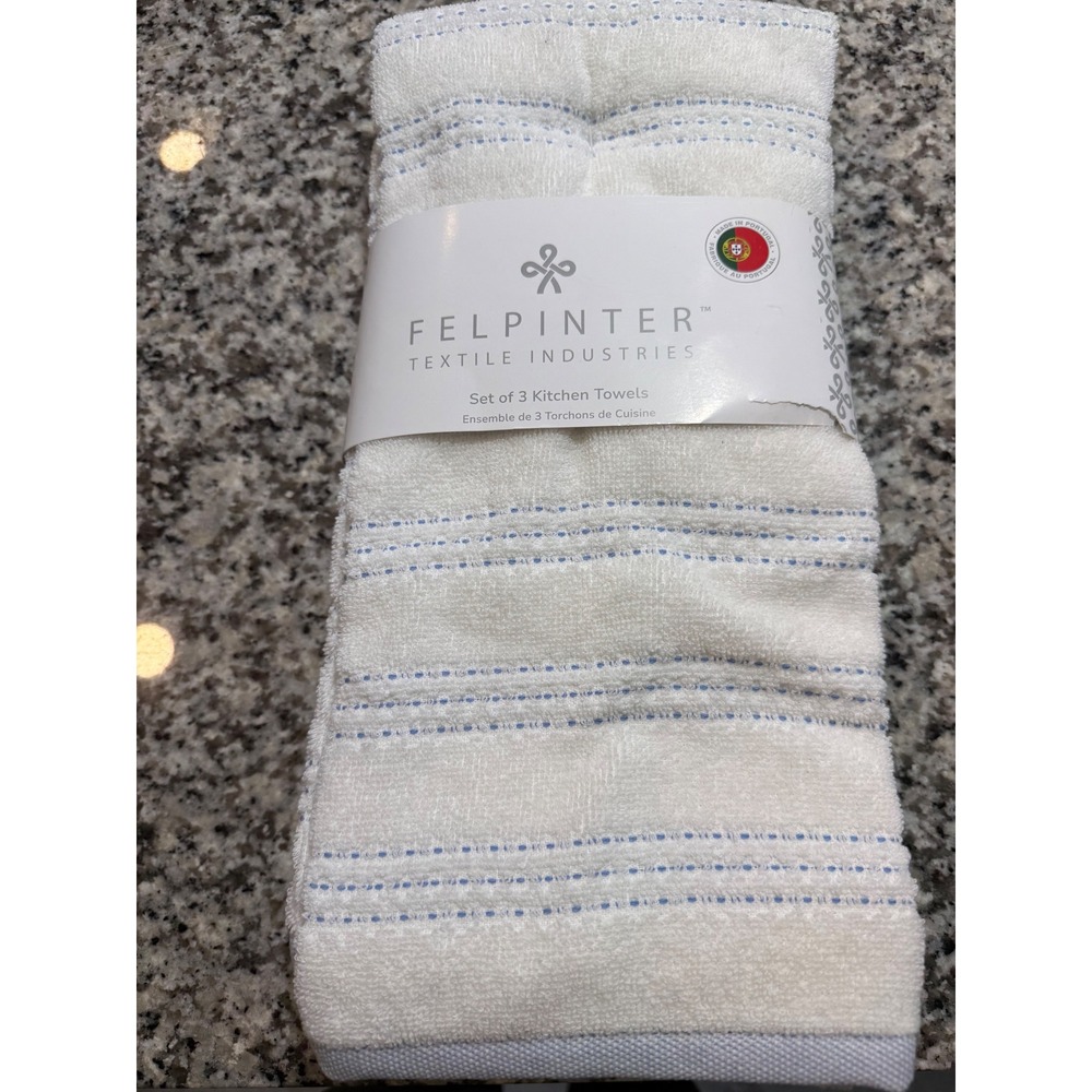 Felpinter Textile Industries Set 3 Kitchen Towels White Blue Striped Cotton NWT